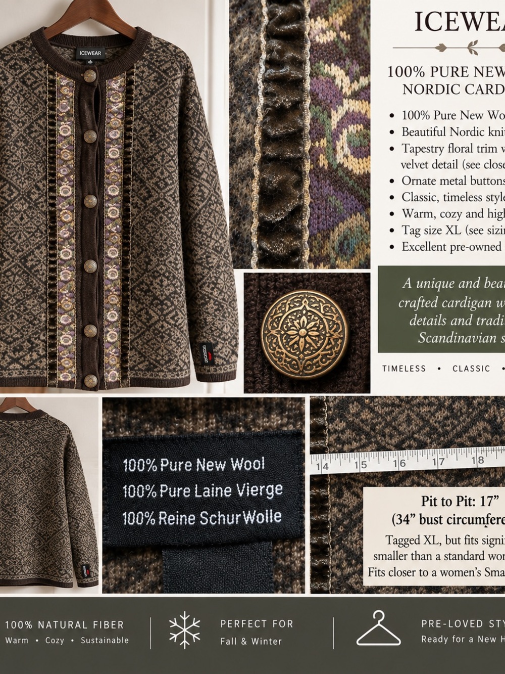 ICEWEAR Women's Nordic Wool Cardigan Jacket - Dark Brown